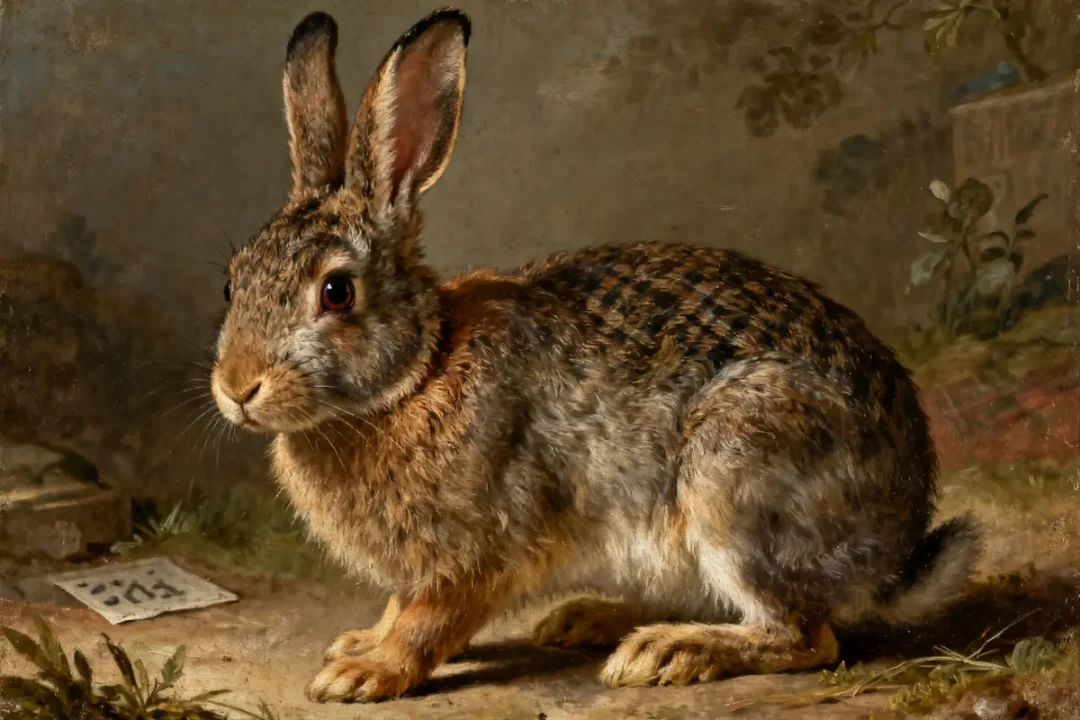 Peinture d'un bunny réaliste assis dans un paysage naturel détaillé et ombragé