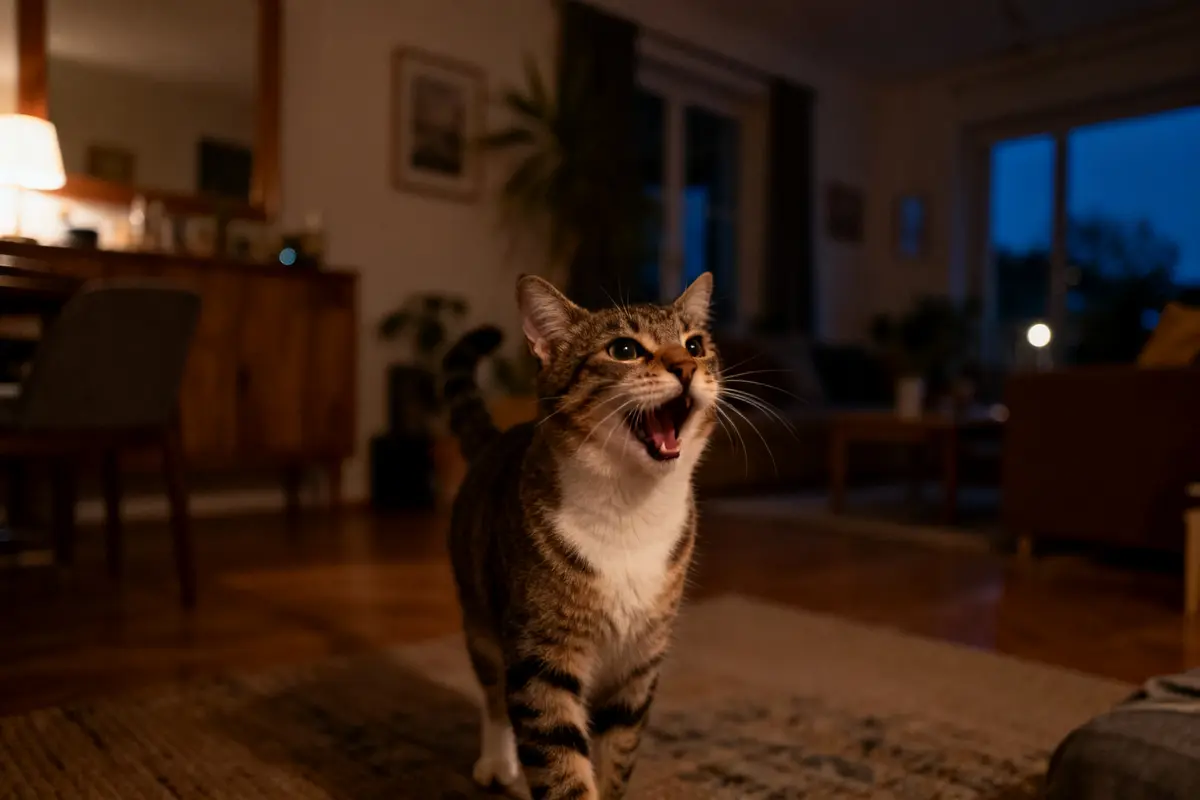 Chat qui miaule la nuit dans un salon à la lumière tamisée