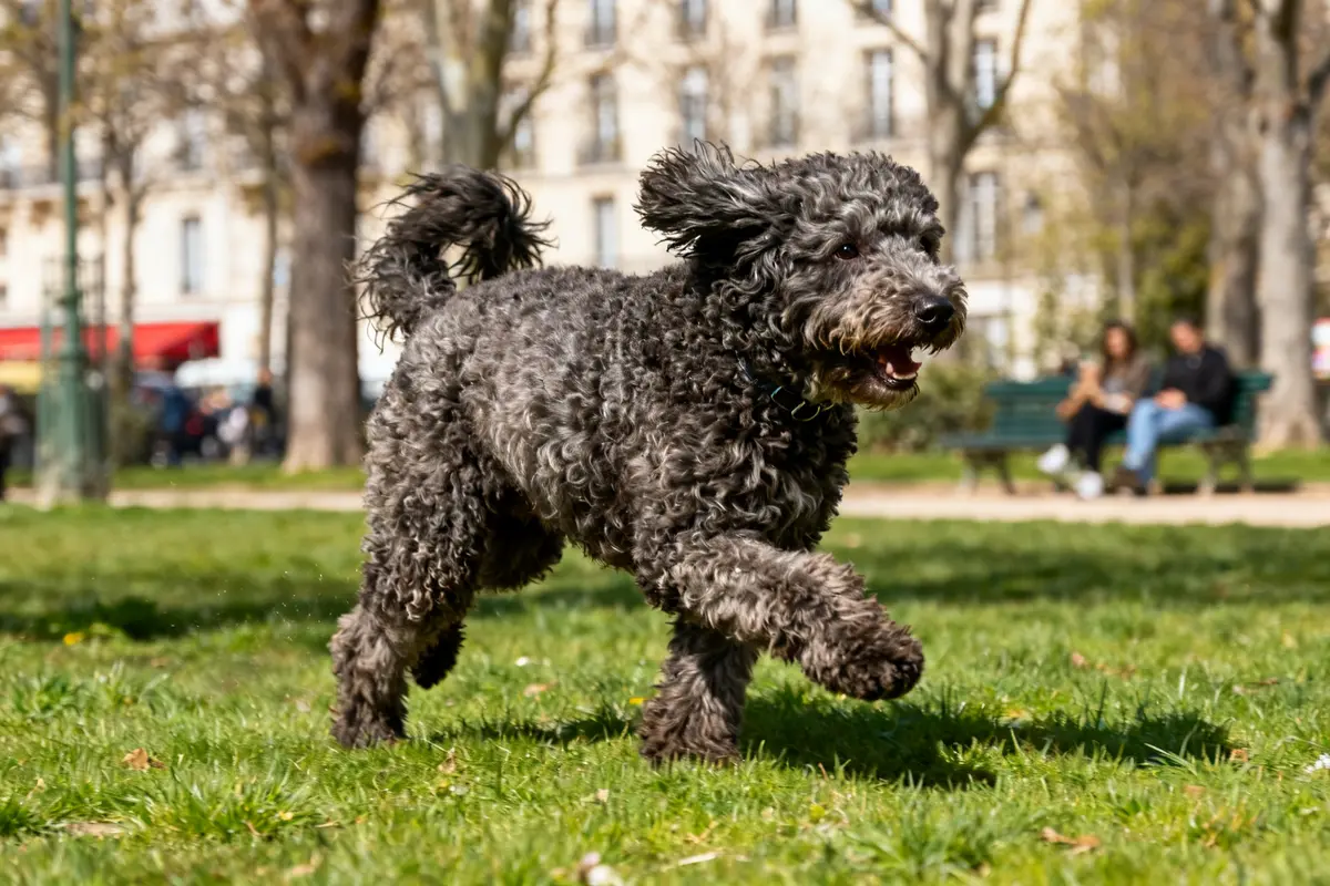 Chien d’eau espagnol jouant joyeusement dans un parc verdoyant par temps ensoleillé