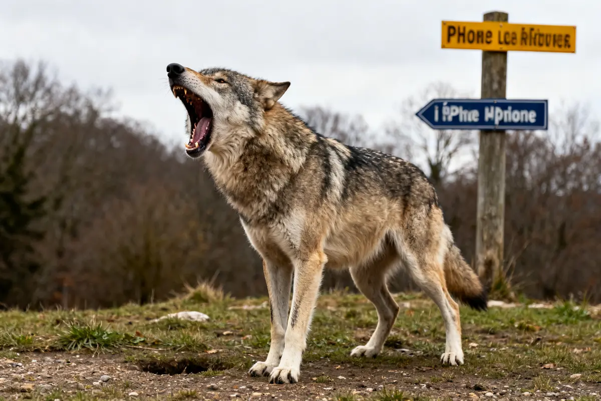 Chien qui fait le loup hurlant devant des panneaux dans une forêt