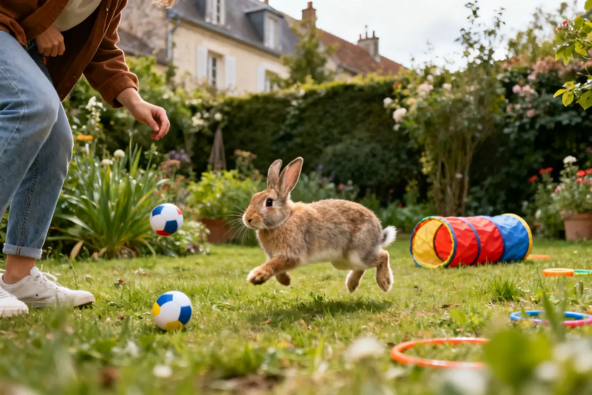 Personne jouant avec lapin dans jardin avec jouets colorés comment jouer avec son lapin