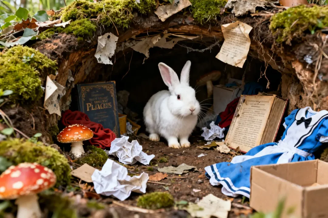 Un lapin blanc dans le terrier entouré de livres et champignons