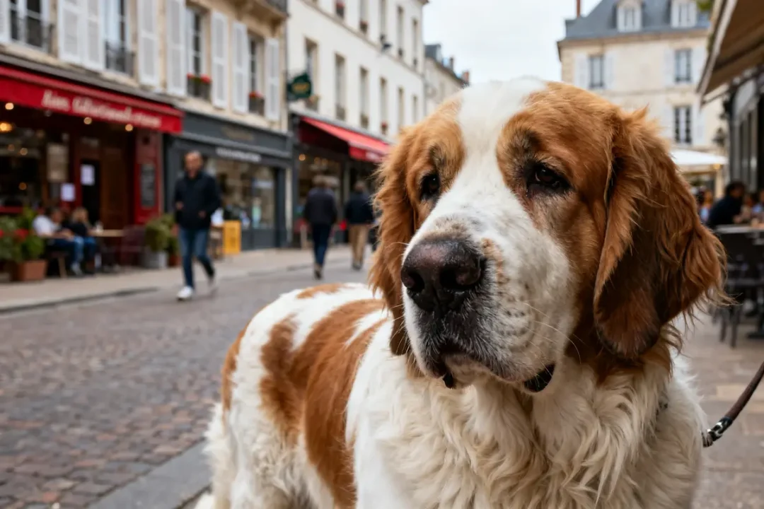 Clumber Spaniel dog dans une rue piétonne avec bâtiments en arrière-plan
