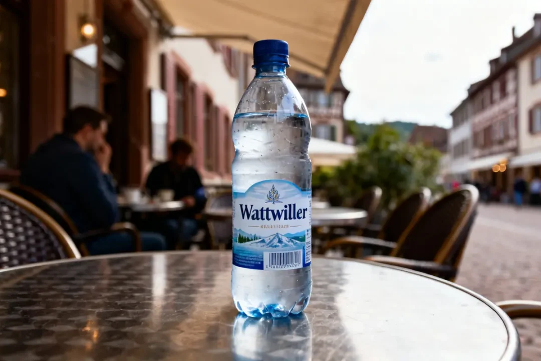 Bouteille d'eau Wattwiller posée sur table de café en terrasse alsacienne animée