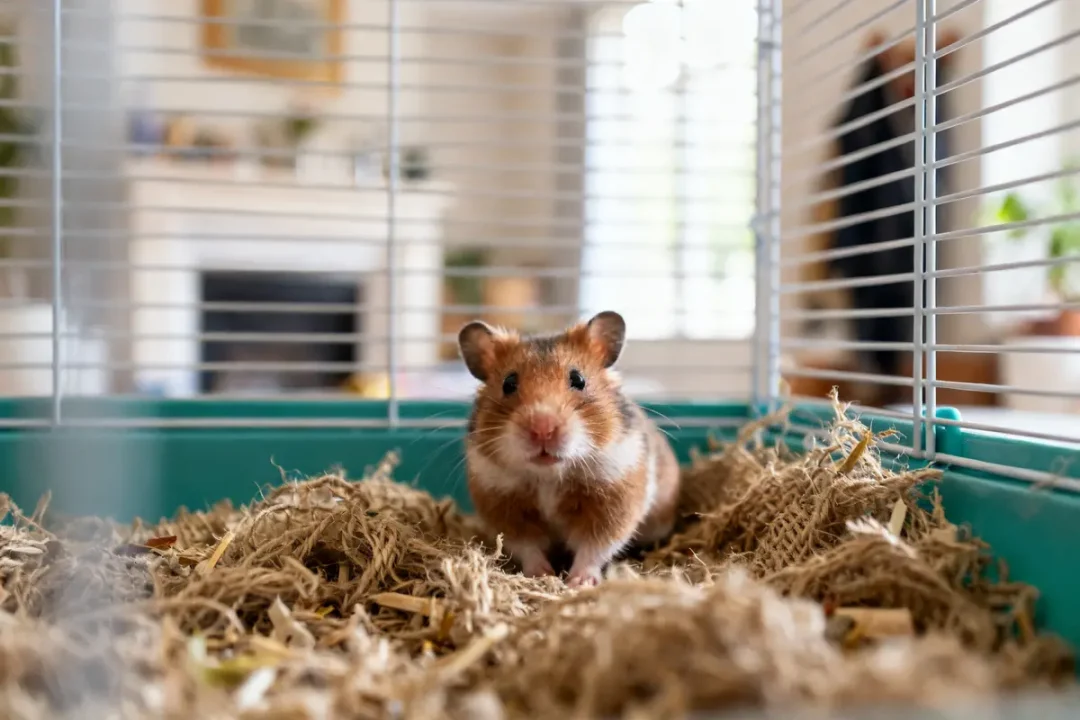 Hamster dans sa cage sur litière de copeaux dans une pièce lumineuse