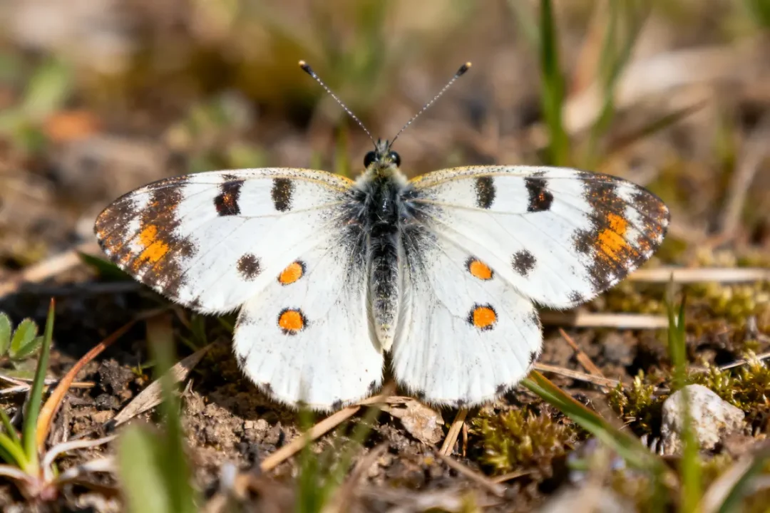 Papillon anglais blanc avec taches orange et noires sur sol herbeux