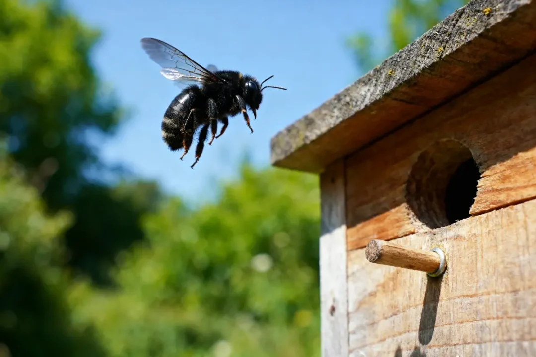 Abeille noire volant près d'une ruche en bois, fond flou de végétation verte, ciel bleu lumineux.