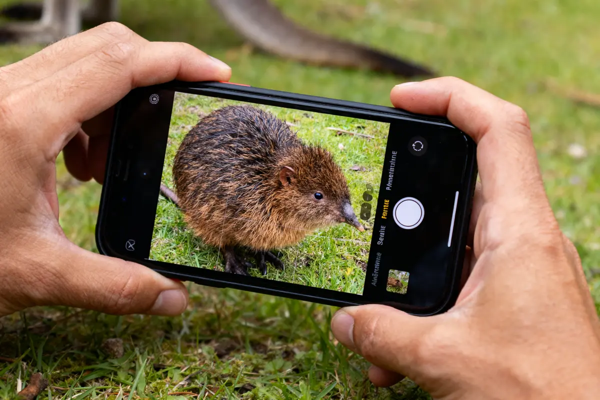 Personne prenant photo d'un petit animal marron, ressemblant à un rongeur, avec un smartphone.