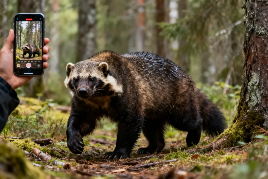 Un carcajou est photographié en forêt, capturé sur un smartphone.