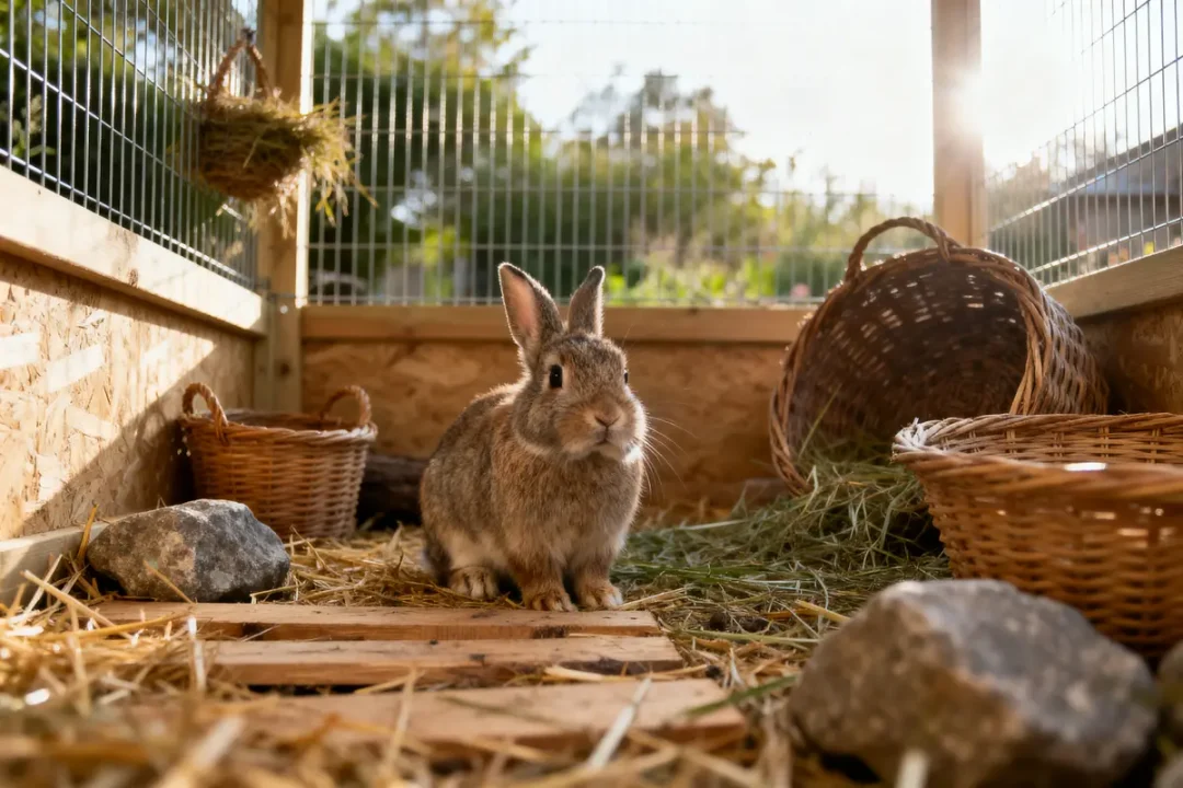 Lapin dans un enclos en bois avec paniers et paille, éclairage doux du soleil couchant.