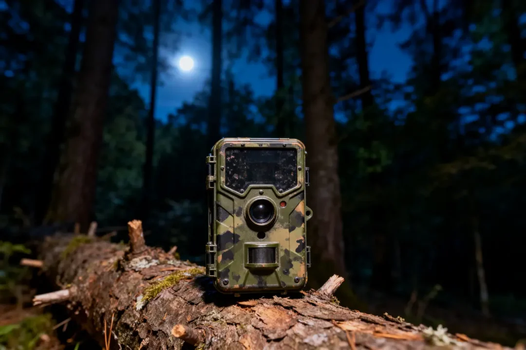 Caméra de surveillance camouflage posée sur tronc d'arbre en forêt sous la lune.