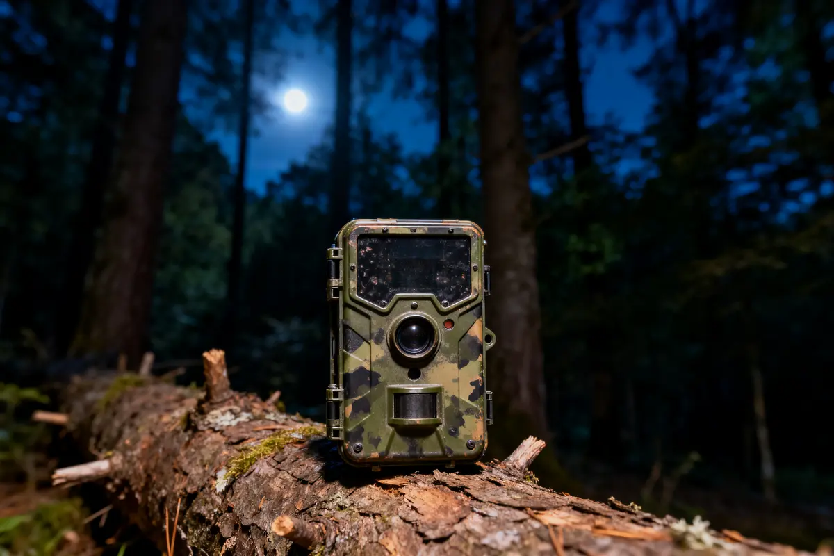 Caméra de surveillance camouflage posée sur tronc d'arbre en forêt sous la lune.
