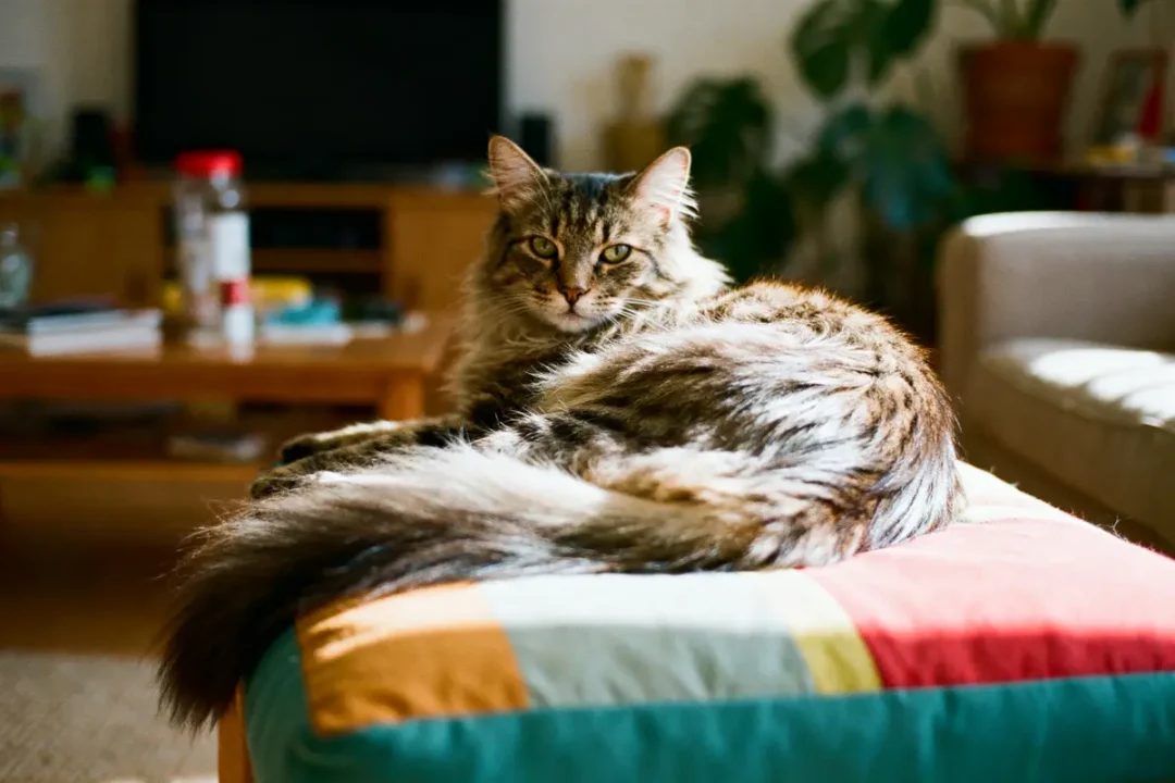 Chat tigré à poils longs allongé sur un pouf coloré, intérieur avec plantes et mobilier flou en arrière-plan.