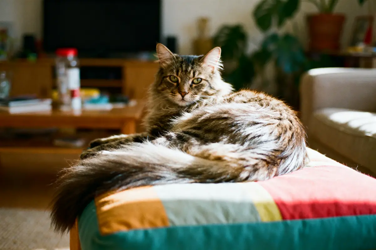 Chat tigré à poils longs allongé sur un pouf coloré, intérieur avec plantes et mobilier flou en arrière-plan.