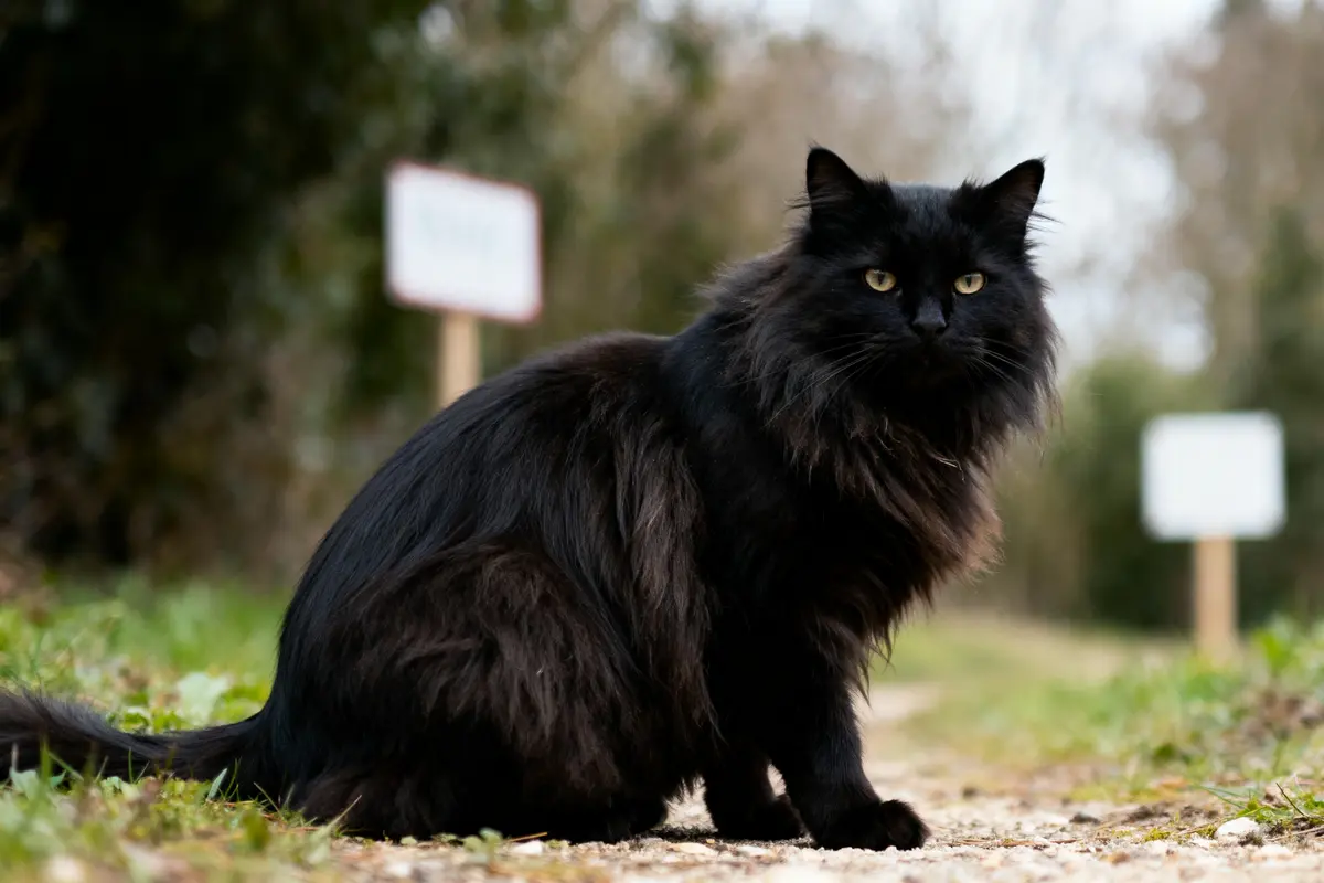 Chat noir à longs poils assis sur un chemin extérieur, regardant vers la caméra, arrière-plan flou.