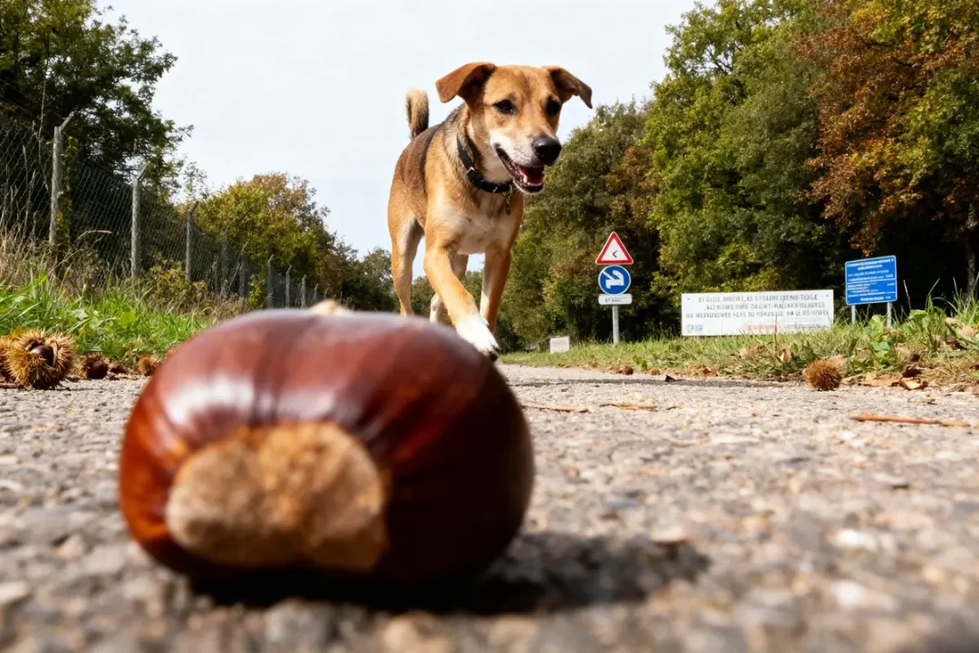 Chien marchant sur une route avec une châtaigne au premier plan, forêt et panneaux en arrière-plan.
