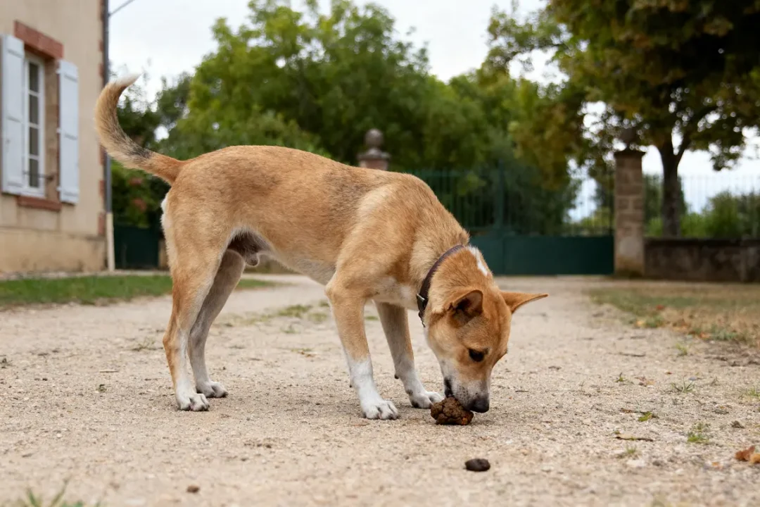 Chien reniflant au sol dans une allée de jardin, près d'une maison.