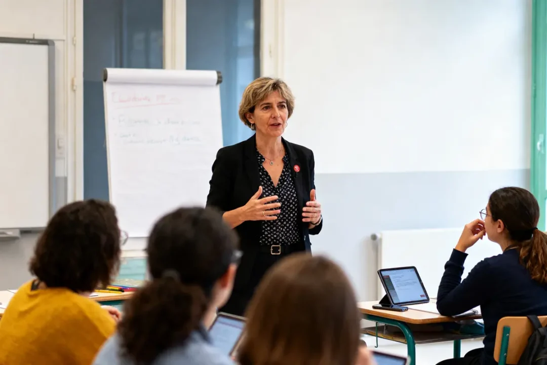 Une femme donne une conférence devant un groupe d'étudiants prenant des notes sur tablettes.