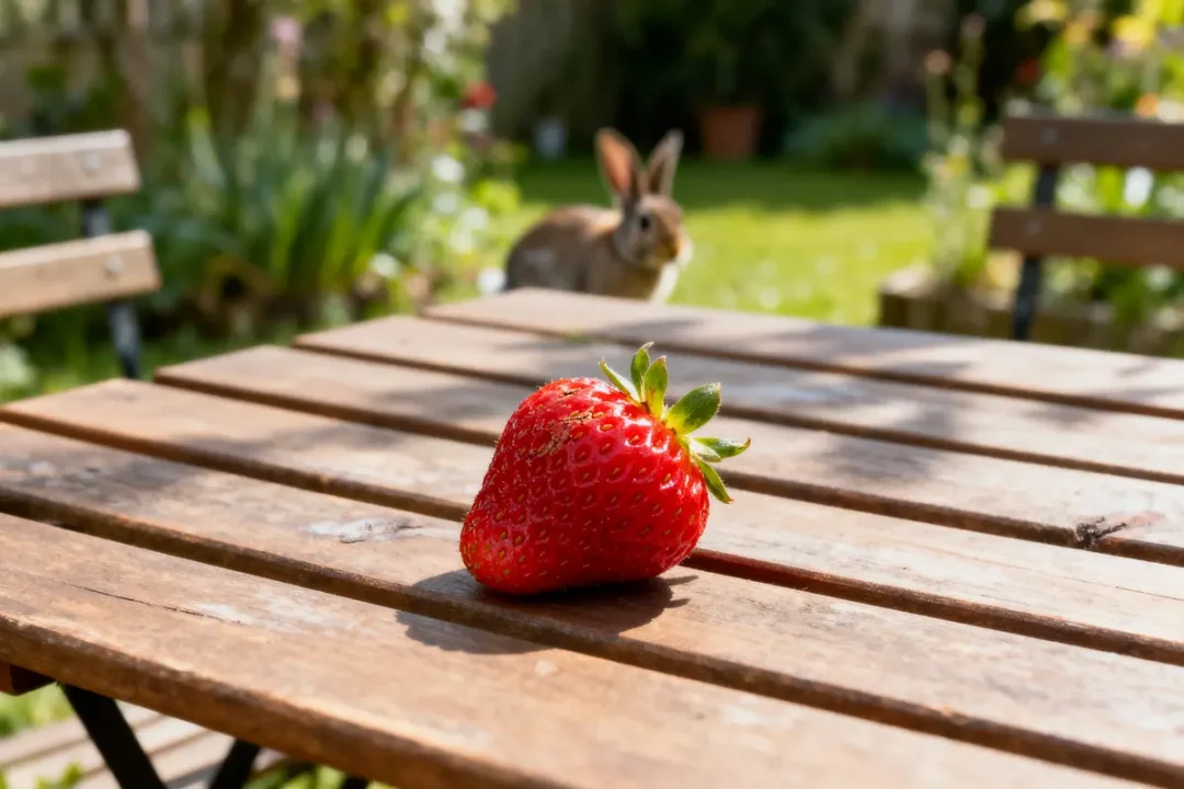 Fraise sur table en bois, avec un lapin flou dans le jardin en arrière-plan.