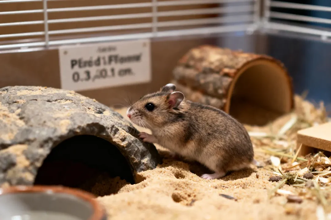 Hamster dans une cage, explorant autour d'une cachette en bois, avec litière et copeaux de bois.