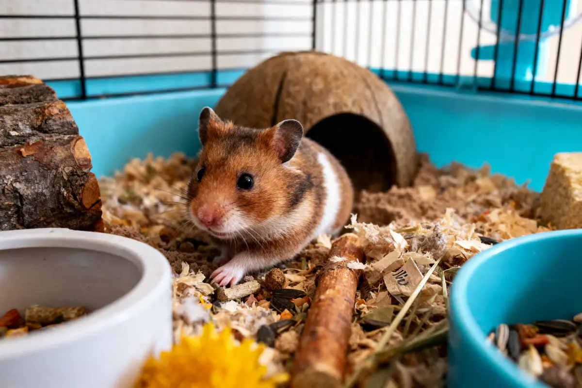 Hamster dans sa cage avec copeaux, bol, tunnel en bois, et fleurs jaunes.