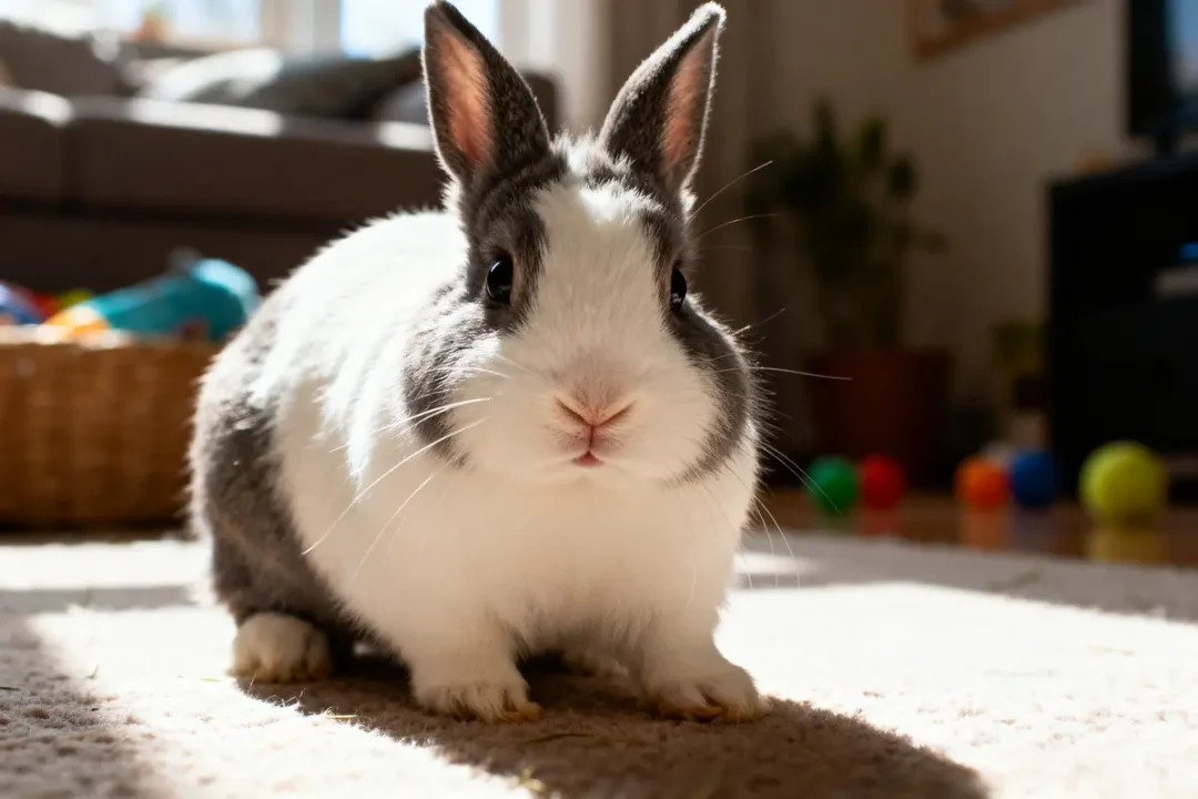 Un lapin blanc et gris assis sur un tapis, ensoleillé, avec des jouets colorés en arrière-plan.