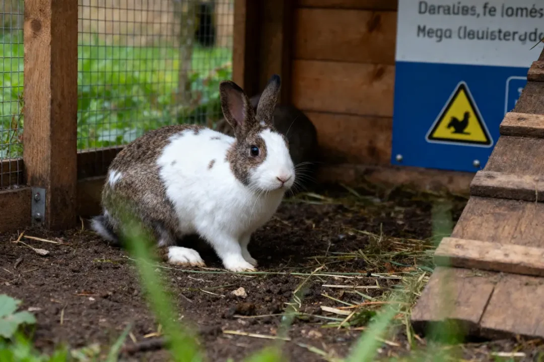 Lapin brun et blanc dans un enclos en bois avec panneau d'avertissement jaune.