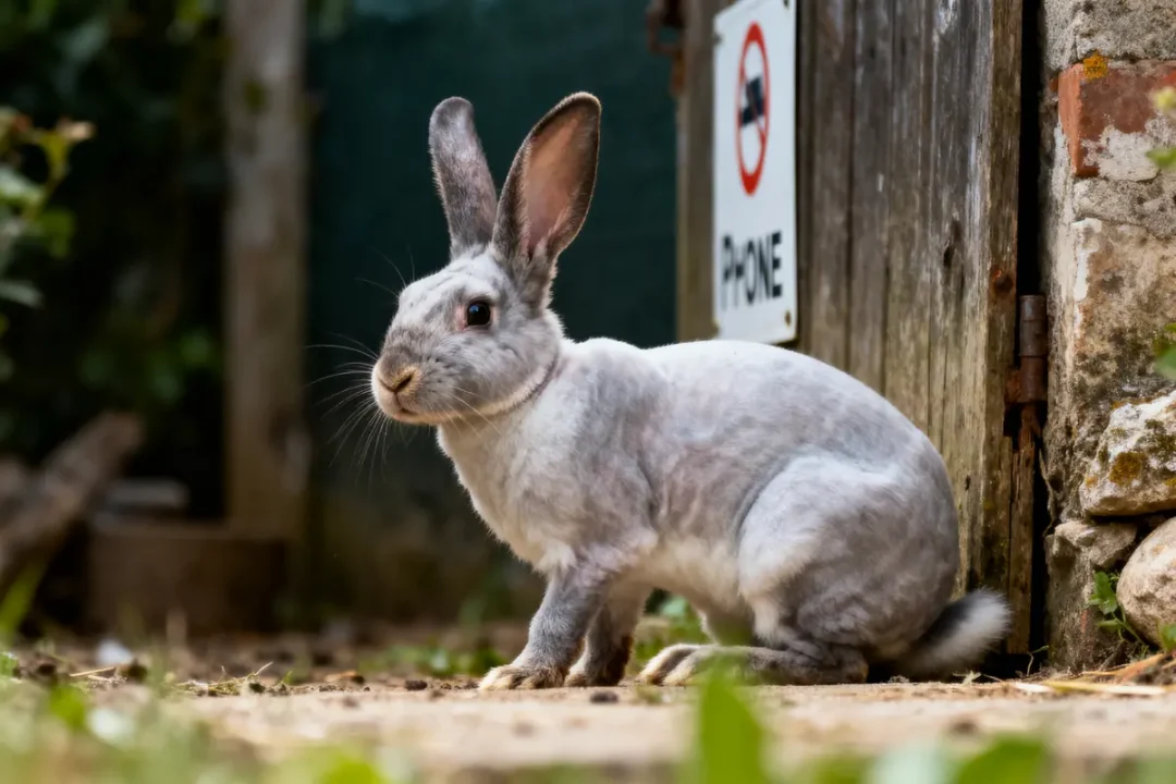 Lapin blanc assis près d'une vieille cabane en bois avec pancarte interdisant les téléphones.