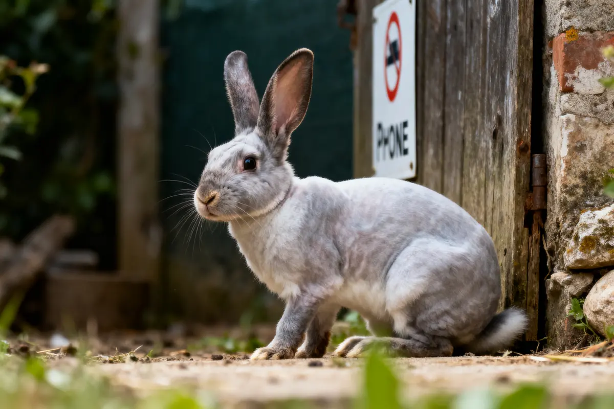 Lapin blanc assis près d'une vieille cabane en bois avec pancarte interdisant les téléphones.