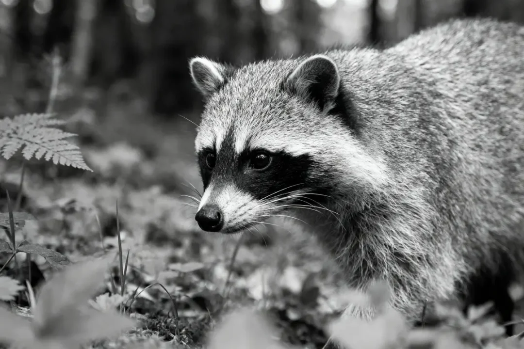 Raton laveur en gros plan, noir et blanc, dans une forêt floue à l'arrière-plan.