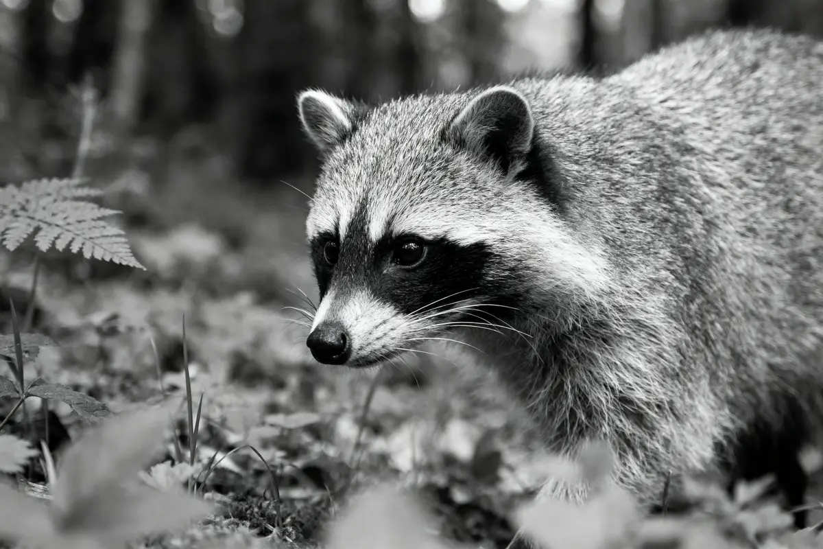 Raton laveur en gros plan, noir et blanc, dans une forêt floue à l'arrière-plan.
