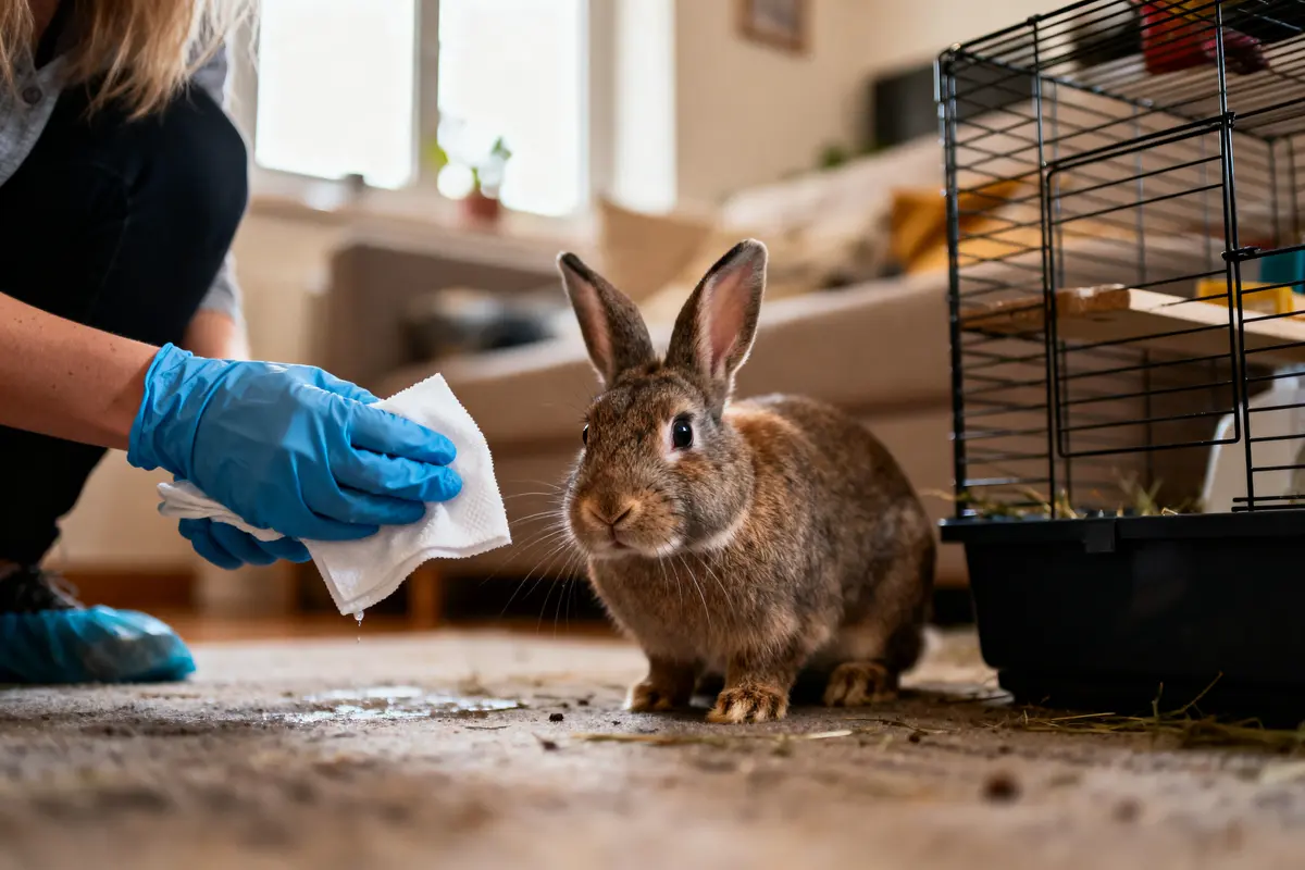 Lapin brun sur tapis, personne nettoyant sol, cage à côté, intérieur lumineux, gant bleu.