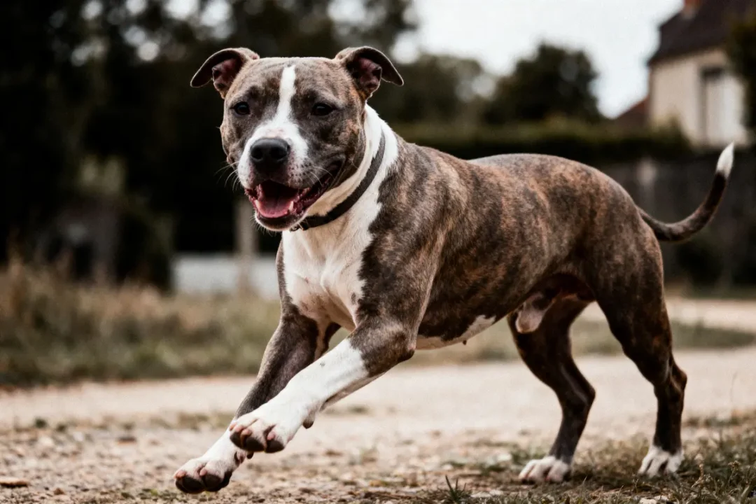 Chien tigré courant dehors sur un chemin, regard joyeux et dynamique.