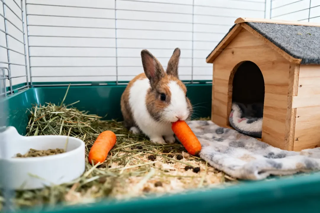 Lapin mangeant une carotte dans une cage avec foin et petite maison en bois.