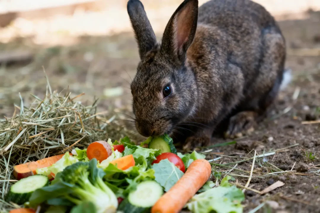 Lapin brun mangeant des légumes frais, comme carottes et concombres, à côté de foin sur le sol.