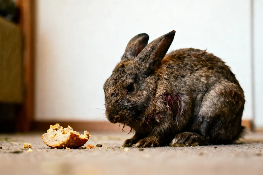 Lapin brun avec du pain, fourrure rescapée, intérieur, blessure visible, calme, sur sol gris.