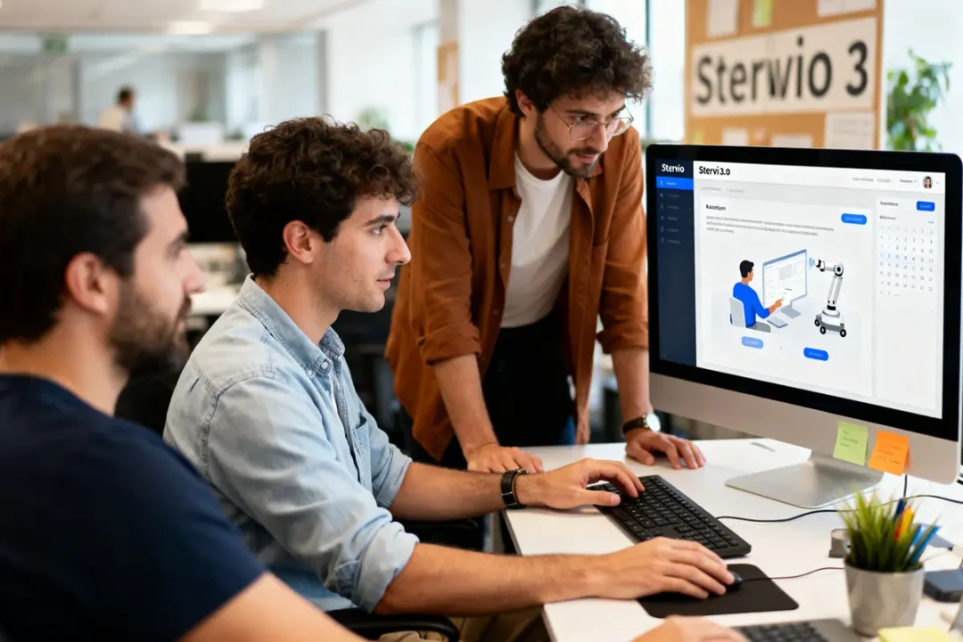 Trois hommes travaillent sur un ordinateur avec un logiciel affiché à l'écran dans un bureau moderne.